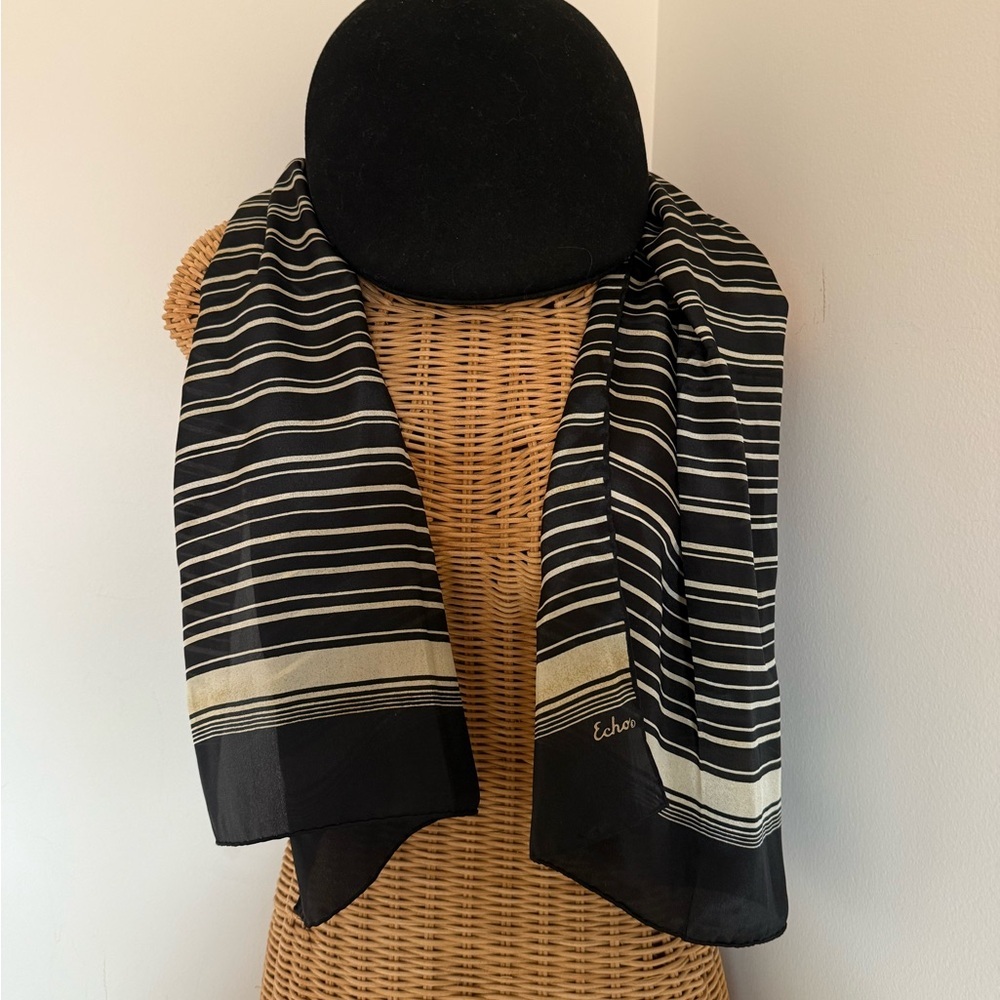 Echo silk Black and Cream Striped vintage Scarf